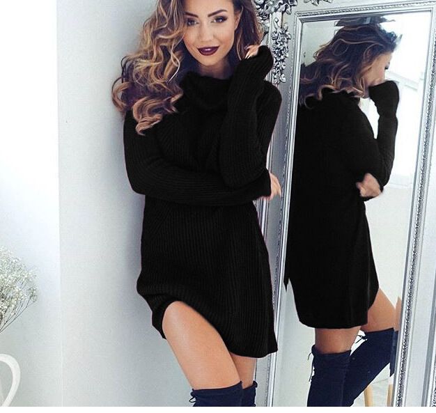 Einfarbiges, sexy Rollkragenpulloverkleid mit langen Ärmeln für Damen_voghion.com