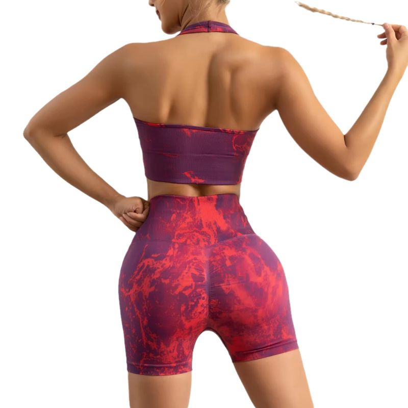 Seamless Digital Printing Yoga Halter Bra High Waist Hip Lift Shorts Sports Set Women_voghion.com