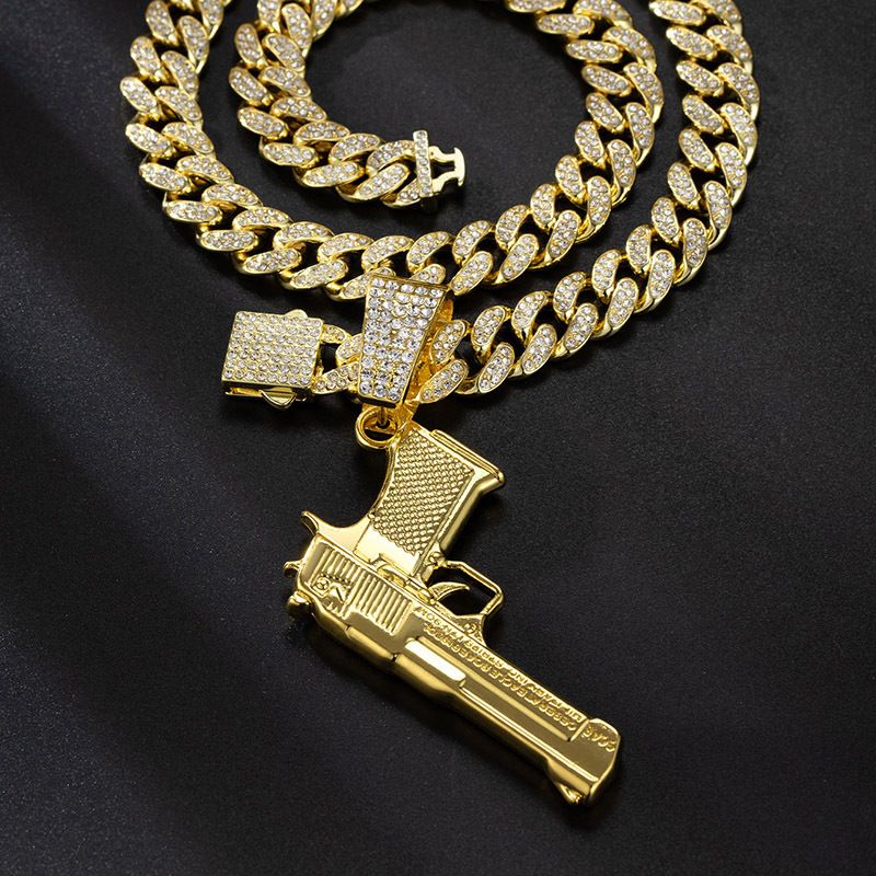 2024 Nowy stop inkrustowany diamentami kubański łańcuszek Klasyczny wisiorek pistoletowy Europejski i amerykański transgraniczny gorący hit hip-hopowy_voghion.com