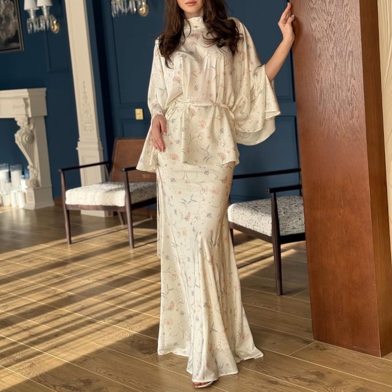 Women's Floral Print Batwing Sleeve Dress Set With Tie Waist – Elegant Long Sleeve Tunic & Maxi Skirt Outfit, Polyester Spandex Blend, Wrinkle-Free_voghion.com