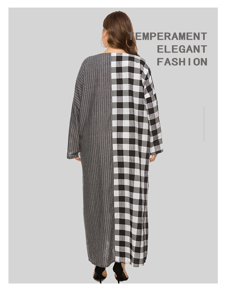 2023 frühling und Herbst Muslimischen V-ausschnitt karierten patchwork lange doppel tasche beiläufige lose ärmeln kleid JR332_voghion.com