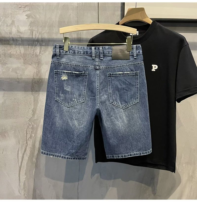 Herrenbekleidung Sommer Straight Washed Shorts Retro Ripped Denim Shorts Mittellange Hose Beliebte Hose_voghion.com