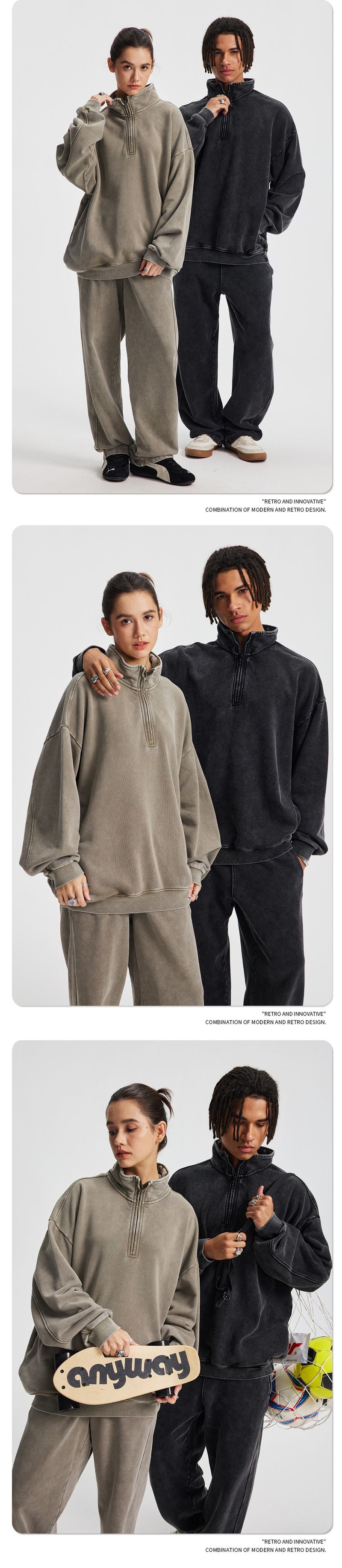 001 2025 Autumn Winter New Vintage Retro Terry Stand Collar Half-Zip Set Loose Trendy Brand Washed Sweatshirt Pants_voghion.com