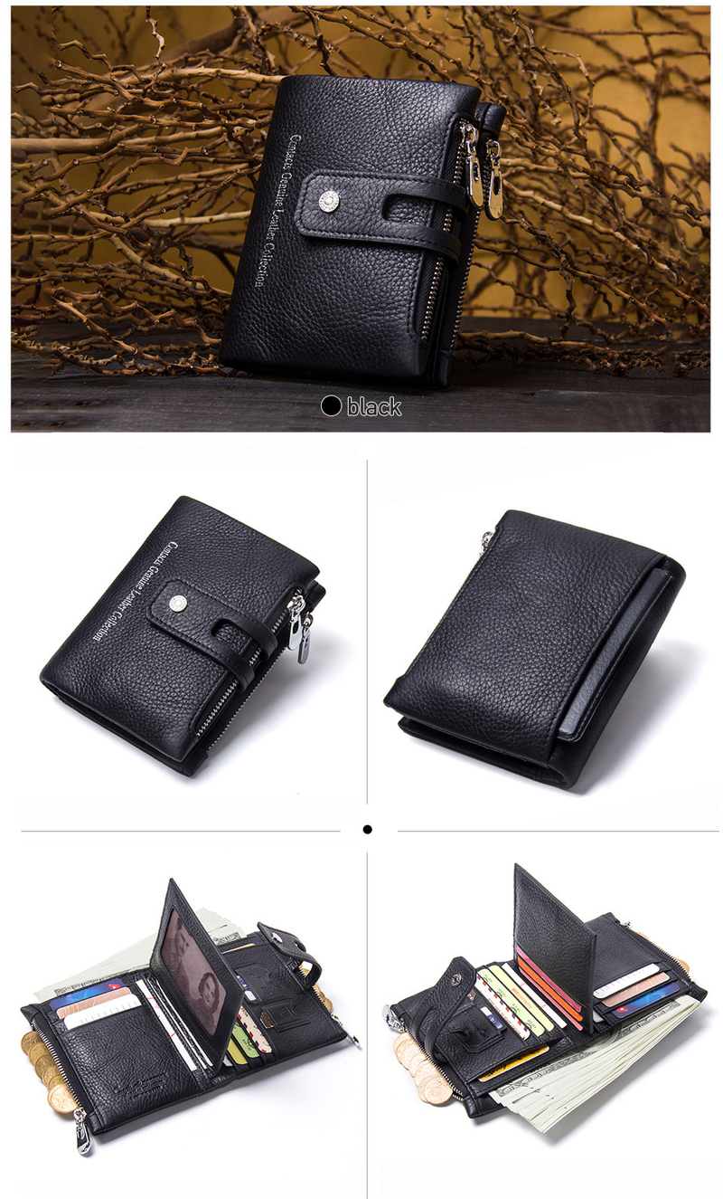 Herenportemonnee met ketting, echt leren portemonnee, RFID-blokkering, dubbelgevouwen, dubbele rits, muntvak met antidiefstalketting_voghion.com