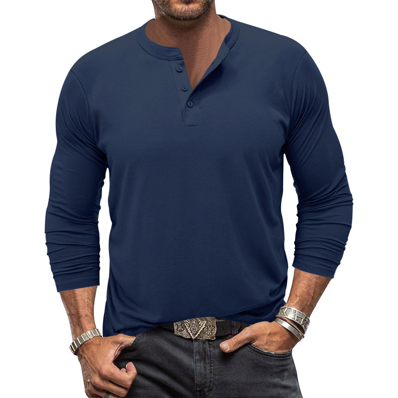 2025d 2025 Herbst Langarm Herren T-Shirt Rundhalsausschnitt Einfarbig Knopf Henley Casual Base Shirt_voghion.com