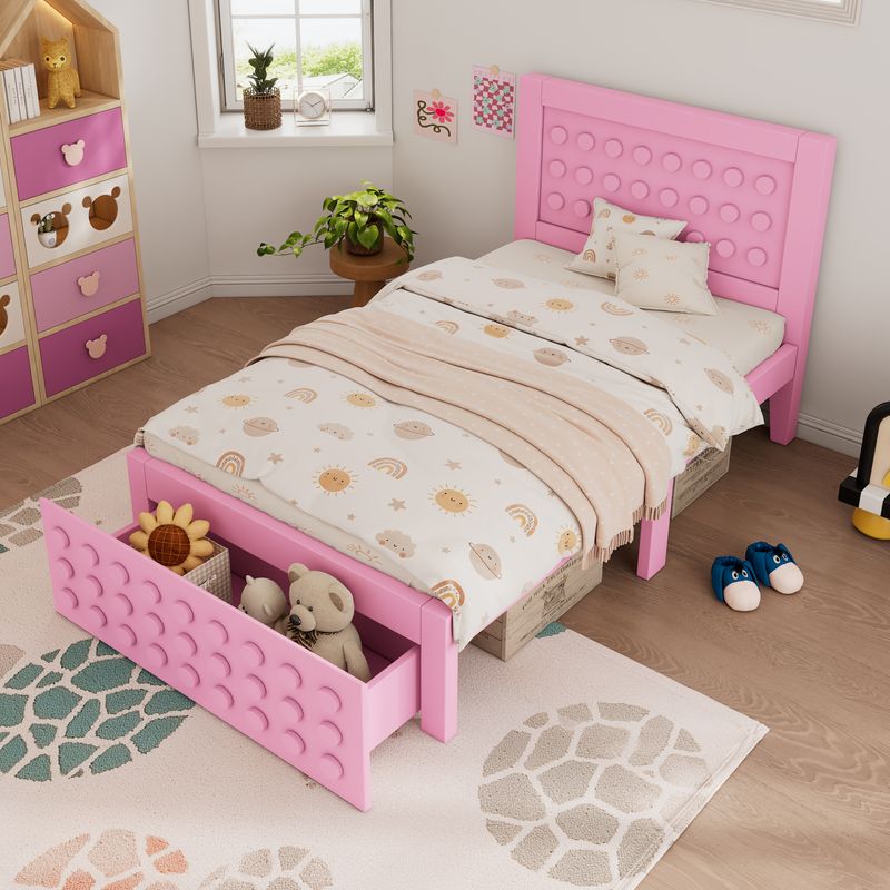Holzbett 90x190cm Mit Blockdesign, Massivholz, Schubladen, Stauraum, Rosa_voghion.com