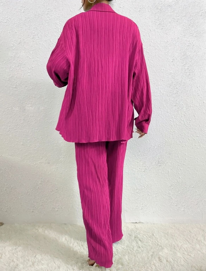Ensemble deux pièces décontracté pour femmes européennes et américaines, couleur unie, drapé, ample, lisse, plissé, printemps et automne_voghion.com