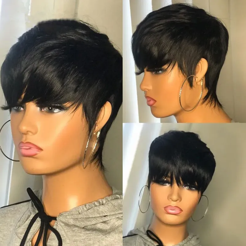 Korte Bobpruiken Rechte pruik van menselijk haar met pony Peruaanse maagdelijke haar Pixie Cut-pruik Goedkope pruik van menselijk haar voor zwarte vrouwen_voghion.com