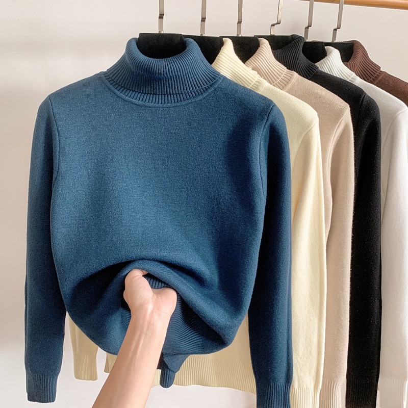 Pull femme automne hiver pull rembourré femmes chaud col roulé bas chemise couleur unie sous-vêtements hauts pulls_voghion.com