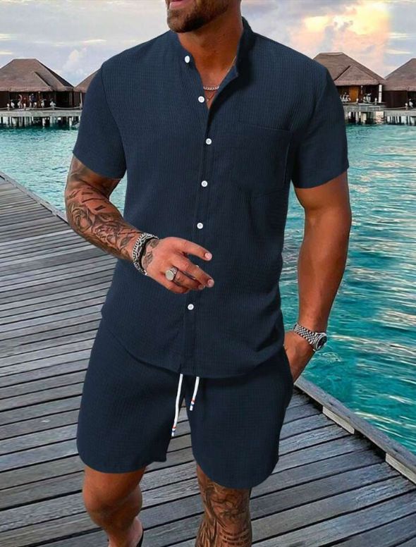 Conjunto de verão masculino de duas peças - Camisa texturizada de manga curta e shorts combinando | Conjunto casual de cor sólida_voghion.com