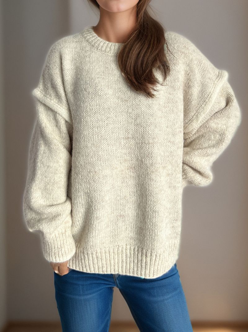 Pull en maille patchwork pour femme – Pull oversize à col rond et tissu épais et chaud (rose/gris/beige/kaki, S/M/L)_voghion.com