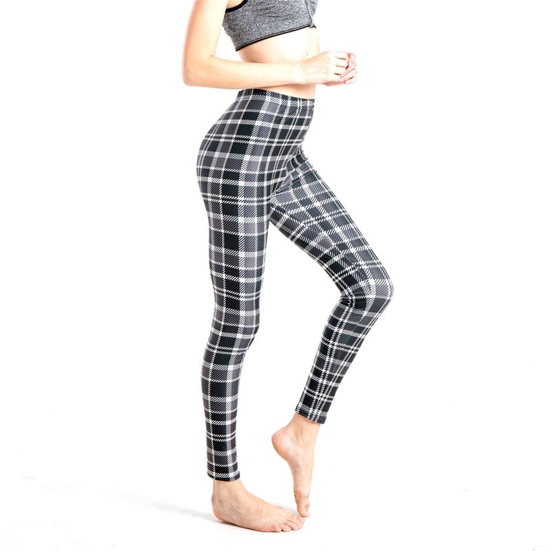 Leggings sportivi elastici a nove punti con stampa scozzese a righe alla moda da donna_voghion.com