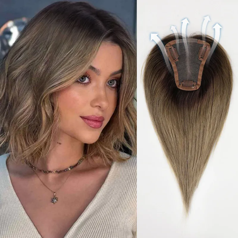 Topper per capelli umani Ombre Brown per donne con capelli diradati Topper per capelli umani Remy con base in pizzo 3 clip pezzi per capelli 12 pollici_voghion.com