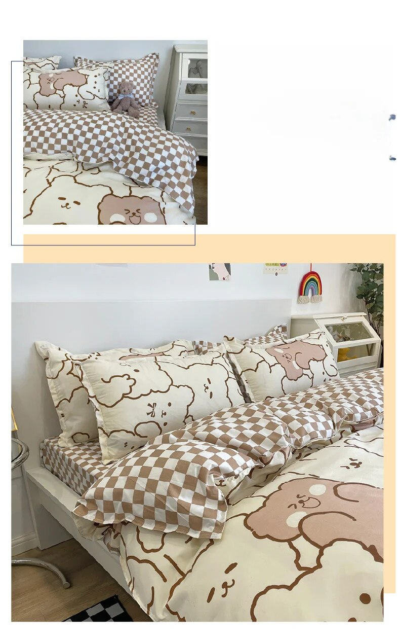 Small fresh four bed sheets and duvet covers, spring student dormitory three set of single piece cartoon bedding_voghion.com