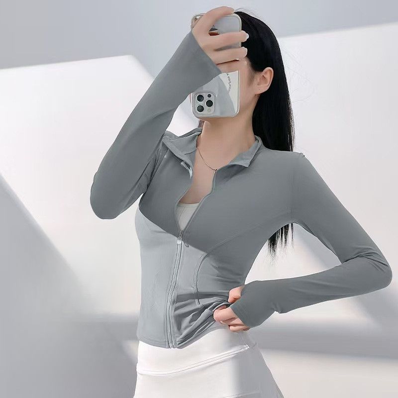 Maglietta da yoga estiva da donna, sottile, per ciclismo, corsa, all'aperto, con protezione UV, in seta ghiaccio e colletto rialzato, ad asciugatura rapida_voghion.com