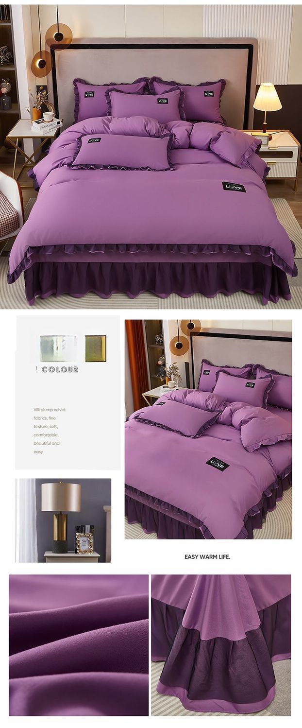 Set da quattro pezzi in stile coreano, con copripiumino in cotone spazzolato, tinta unita, lenzuola con bordo in pizzo di alta qualità, stile celebrità di Internet_voghion.com