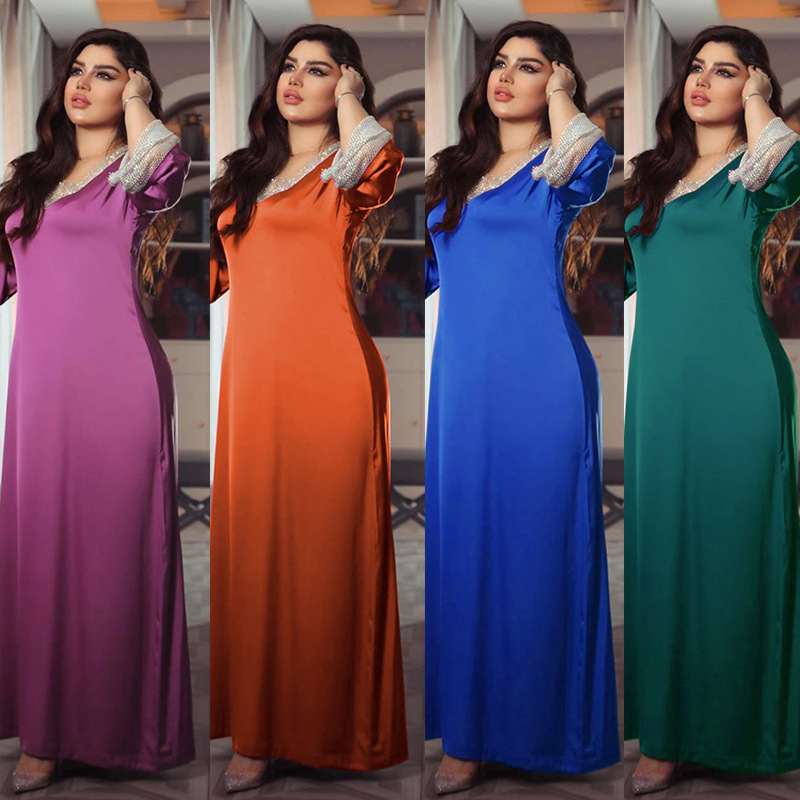 Abito lungo da donna in maglia di diamanti con paillettes in raso per donne musulmane_voghion.com