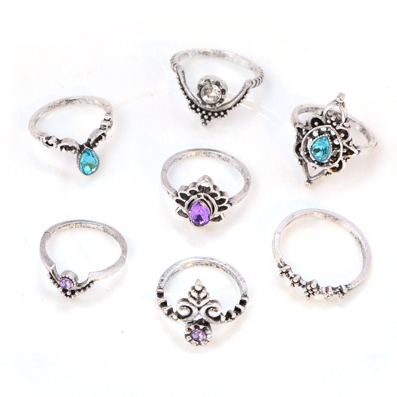 New exaggerated hollow carved lotus shaped 7-piece combination ring set_voghion.com