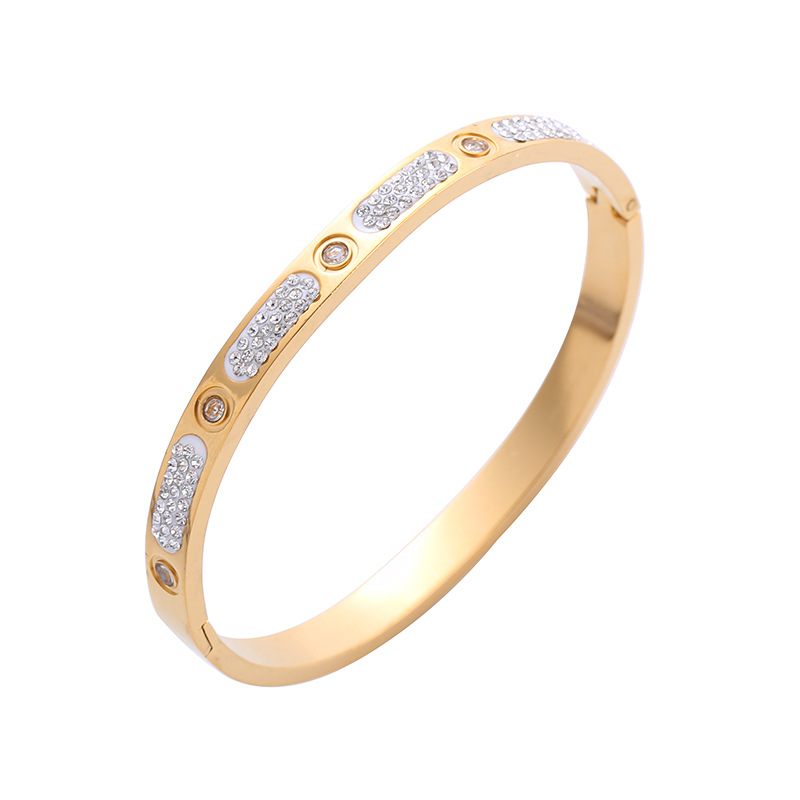 Wholesale Lady Solid Color Stainless Steel Gold Plated Zircon Bangle_voghion.com