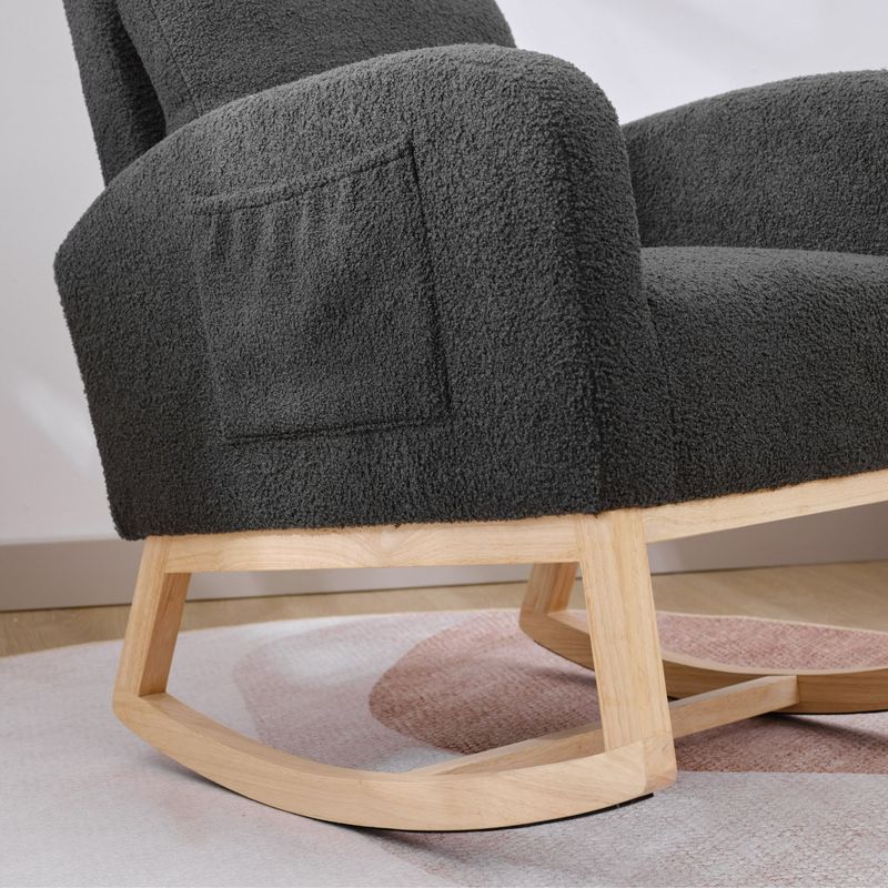 Modern Accent Rocking Chair Rocking Chair With Solid Wood Legs, Upholstered Nursery Glider Rocker, Comfy Armchair With Side Pocket, Living Room Lounge Arm Chair With High Backrest (Dark Grey,teddy)_voghion.com