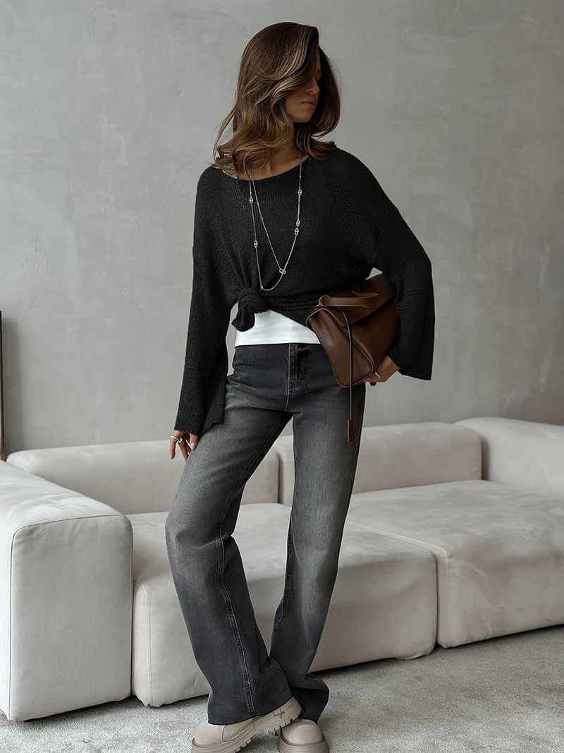 Minimalistischer einfarbiger Langarmpullover – Atmungsaktiver Strickpullover für Damen, lässiges und vielseitiges Oberteil_voghion.com