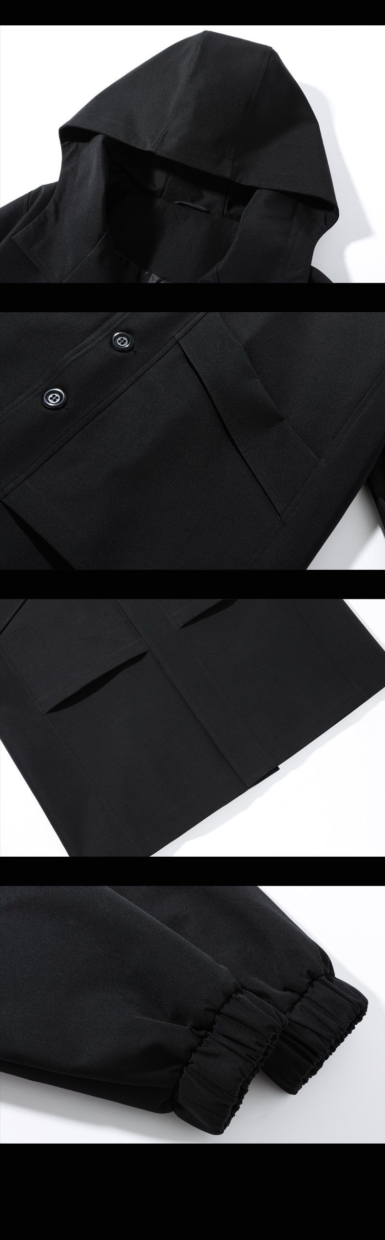 Trench lungo da uomo con cappuccio, monopetto, giacca a vento casual per l'autunno (nero, cachi)_voghion.com