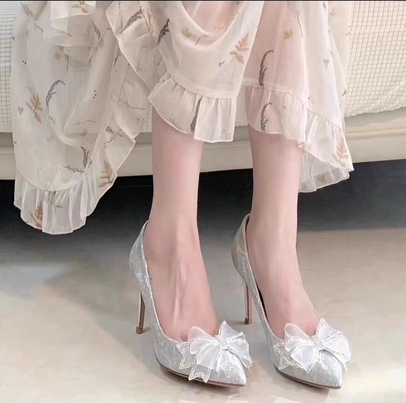 French High Heels Women's 2024 New Spring Autumn Season Pointed Bow Rhinestone Princess Comfortable and Durable Wedding_voghion.com