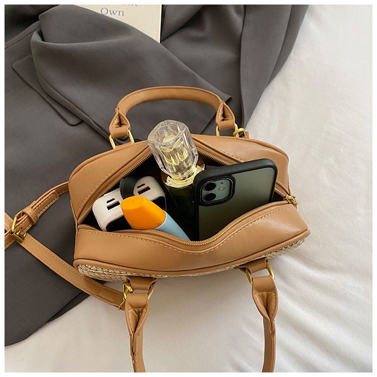 Borsa da donna in paglia intrecciata, piccola, quadrata, borsa a cuscino Boston, borsa a mano con colori a contrasto, borsa a tracolla_voghion.com