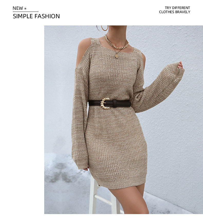Einfarbiges, langes, einzeiliges Kragen-Hohl-Schulter-Pulloverkleid mit langen Ärmeln_voghion.com