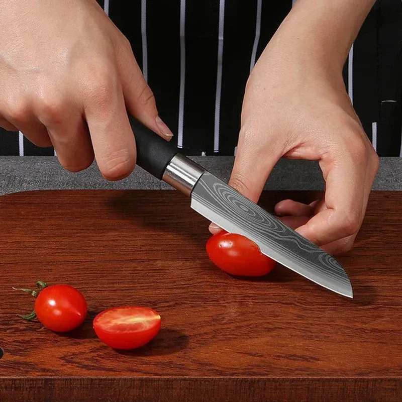 Laser Damascus Pattern Utility Kitchen Knives Scissors Sharpening Rod Set Stainless Steel Sharp Slicing Chef Knife Cooking Tool_voghion.com