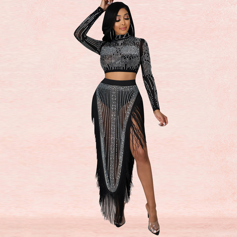 Ensemble deux pièces sexy en maille diamant pour femmes, jupe longue fendue à manches longues et transparente, boîte de nuit_voghion.com