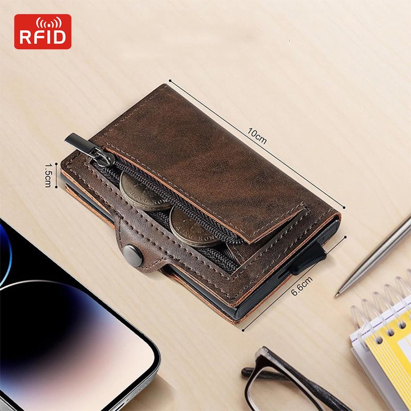 Porta carte automatico da uomo in alluminio con scatola, di alta qualità, con RFID, multi-slot, tasca porta monete con cerniera, sconto del 20%_voghion.com