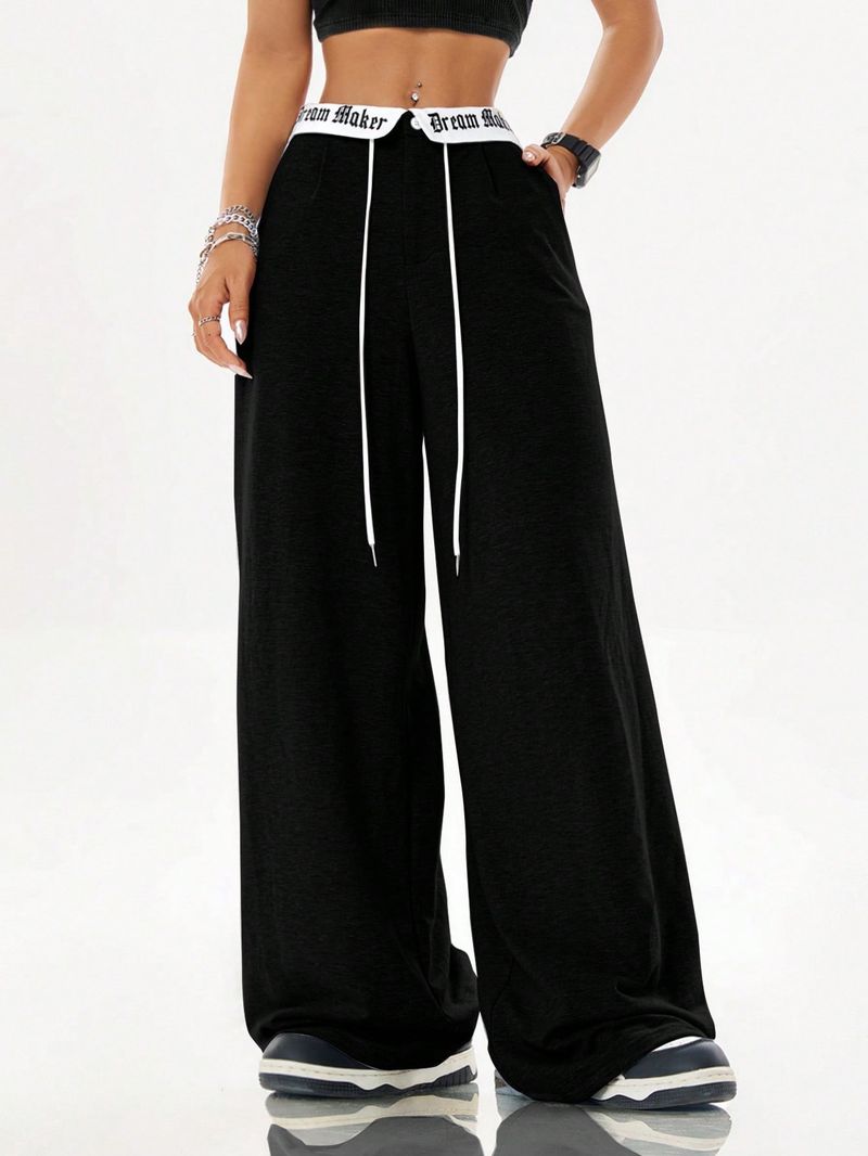 "Women's Loose Fit Casual Trousers With Contrast Letter Print - Breathable Polyester Summer Pants For Comfortable Everyday Wear"_voghion.com