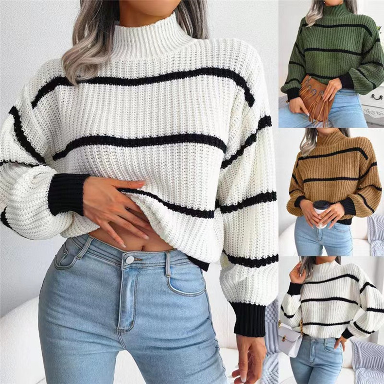 Suéter feminino casual listrado com manga lanterna e meia gola alta_voghion.com