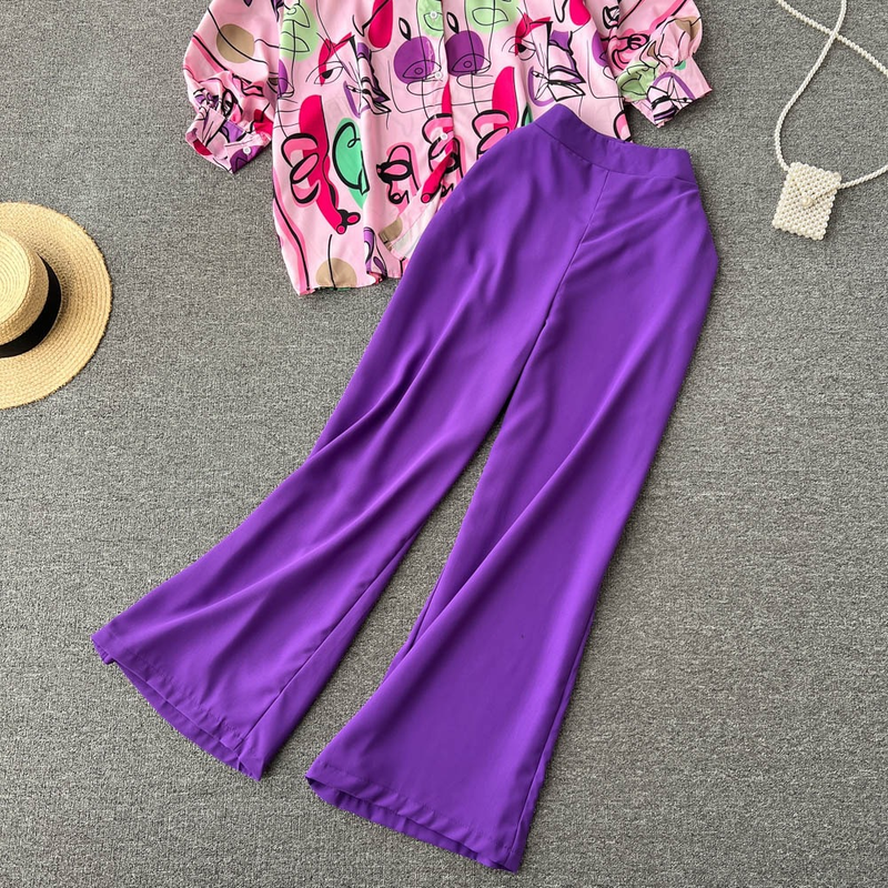 Ensemble deux pièces chemise imprimée et pantalon large pour femme_voghion.com