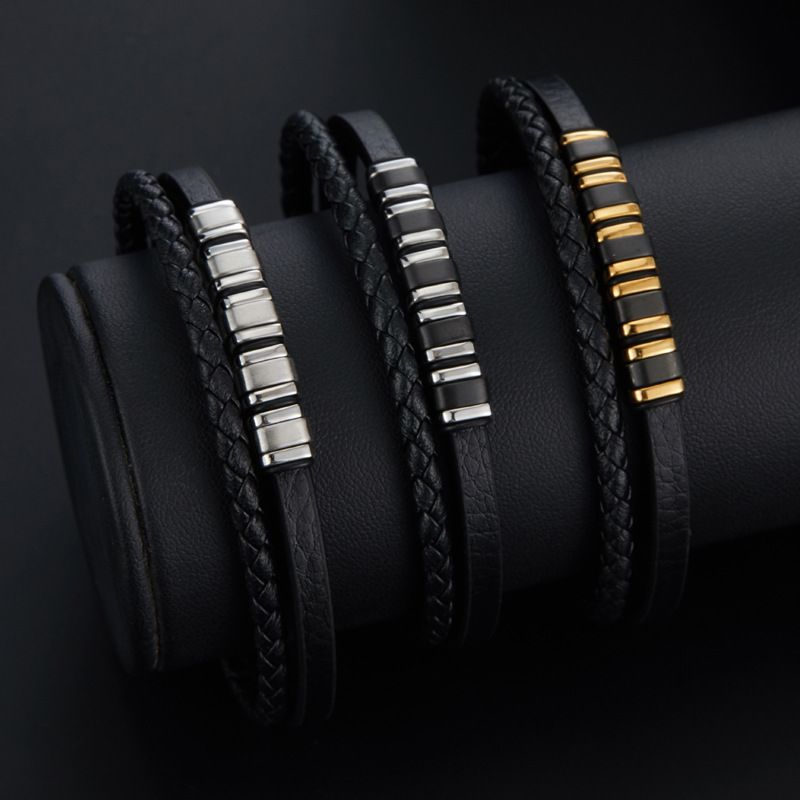 Bracciale intrecciato multistrato personalizzato da uomo in acciaio inossidabile con etichetta curva, cinturino in pelle_voghion.com