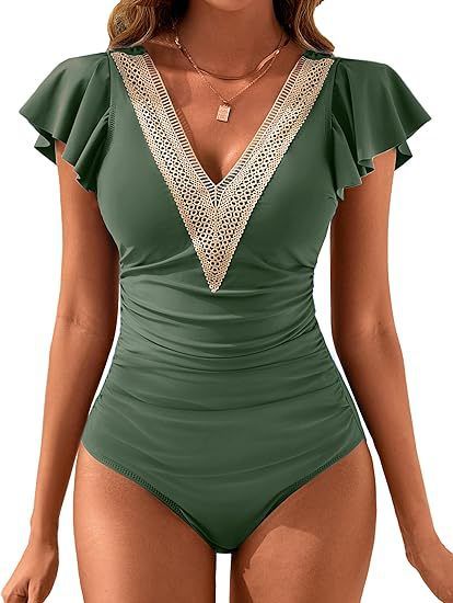 Maillot de bain une pièce à manches volantées et couleur unie pour femme_voghion.com