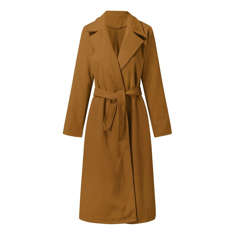 Elegant Long Sleeve Belted Wool Coat For Women – Timeless Trench Style With Notched Lapel, Versatile Pure Color Outerwear For Autumn & Winter_voghion.com