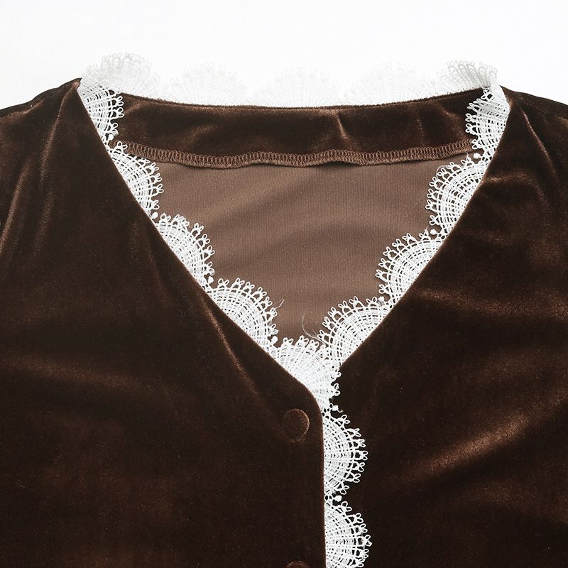 Elegant Vintage Velvet Blouse With V-Neck & Lace Trim - Fall/Winter Boho Chic Shirt For Women, Loose Fit With Puff Sleeves (Brown, S/M/L/Xl)_voghion.com