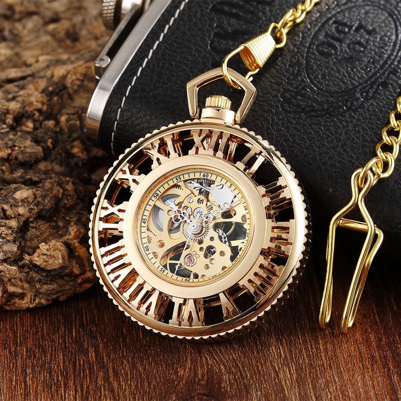 Halbautomatische römische Hohlgold-Mechanik mit weißer Nadel, mechanische dicke Kette, große Taschenuhr_voghion.com