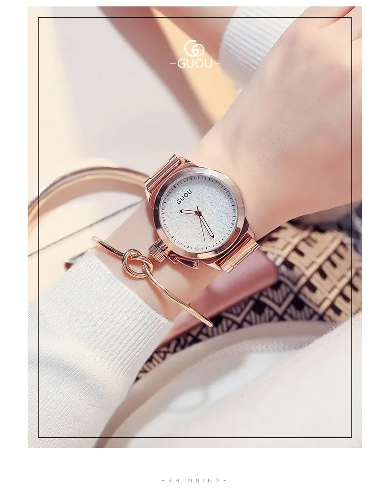 Orologio da donna alla moda Guou con cinturino in acciaio, quadrante piccolo con diamanti, orologio da polso al quarzo, design elegante con cielo stellato_voghion.com