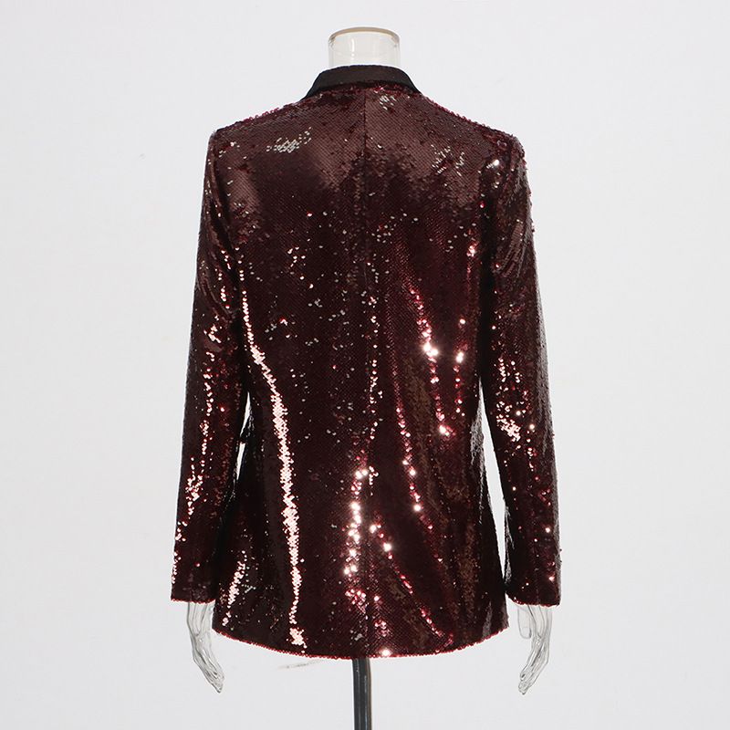 Abbigliamento da donna, design alla moda, piccolo abito con paillettes, elegante blazer con paillettes per donna - giacca da ufficio slim fit con scollo a V e design che stringe la vita_voghion.com
