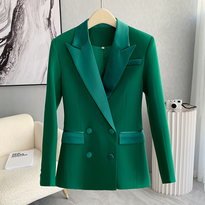 Women's Dark green mid-length suit top with slightly flared wide-leg trousers trousers two-piece set_voghion.com