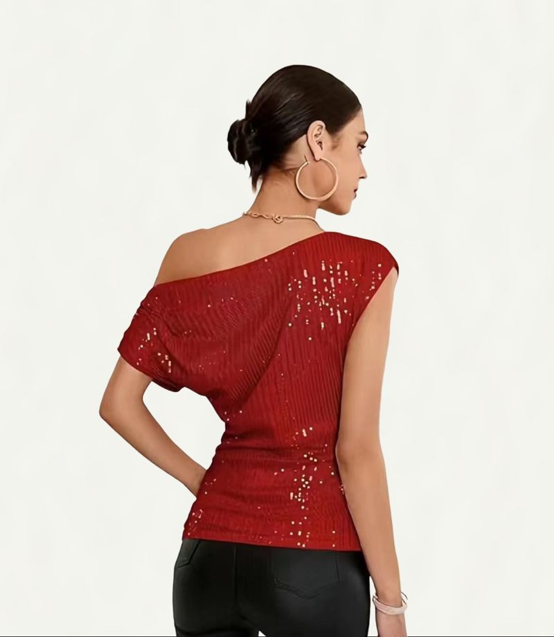 Vêtements pour femmes T-shirt d'été à manches courtes et col oblique avec perles pailletées et paillettes_voghion.com