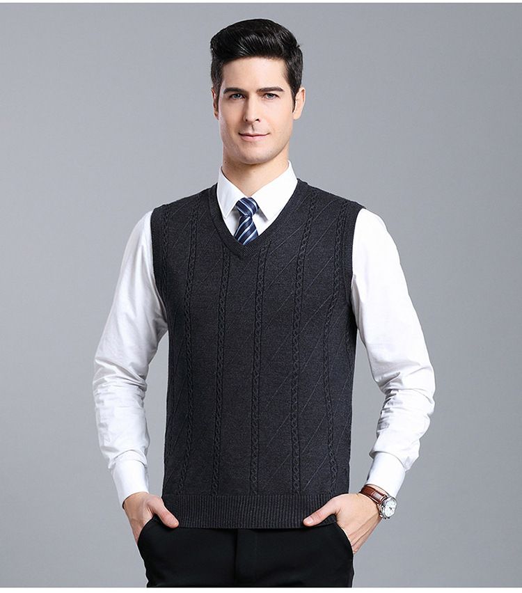 Men's Wool Blend Knit Vest, Solid Color Cable V-Neck Sleeveless Pullover, Casual Layering Piece For Autumn_voghion.com