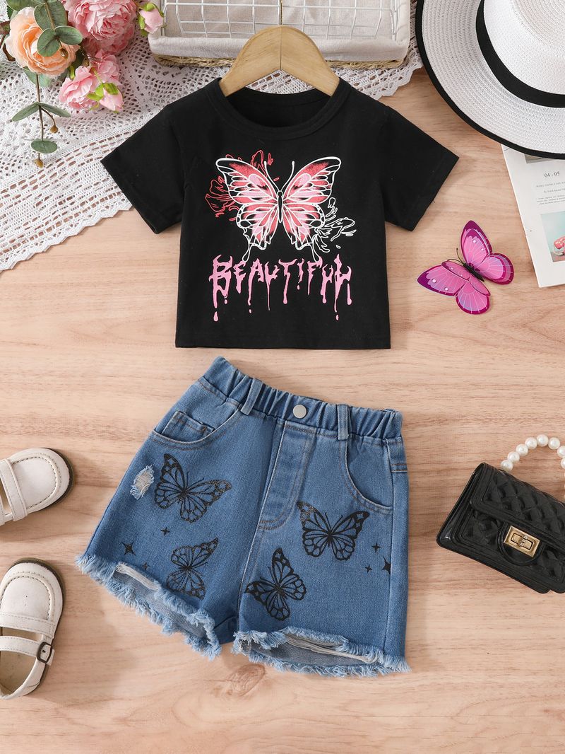 2025 Nuovo stile estivo, maglietta con stampa a farfalla e pantaloncini in denim per bambini_voghion.com
