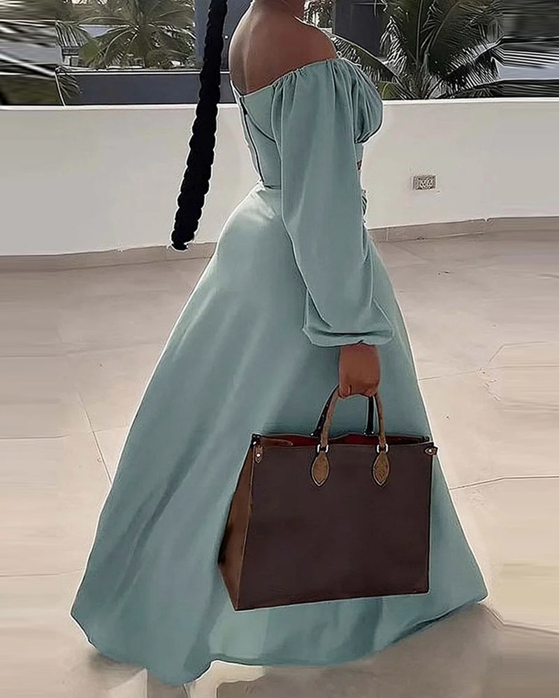 Damenbekleidung, lässig, einfarbig, Freizeit, Urlaub, einfarbig, Schlitz, schulterfrei, langärmelig, zweiteiliges Set_voghion.com