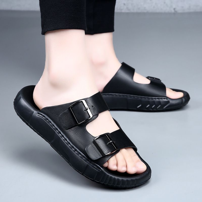 Top Layer Cowhide Men In Summer, Outdoor Beach Shoes Indoor Anti Slip High-end Cool Slippers For Men, Trendy_voghion.com