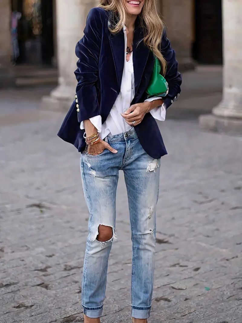 Blazer doppiopetto senza maniche con finiture in velluto per donna, primaverile, da ufficio (rosso/blu/verde/nero) | Dolce e sofisticato (S-XXL)_voghion.com