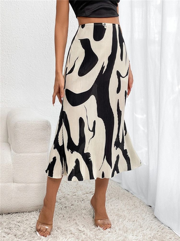 vendita calda elegante casual stampa grafica gonne lunghe a pieghe donna moda autunno elastico a vita alta geometria gonna longuette streetwear_voghion.com